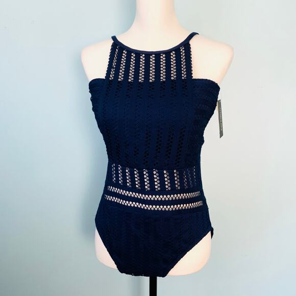 NWT Kenneth Cole Navy Tough Luxe High Neck One Piece Swimsuit Size Large - Picture 6 of 7